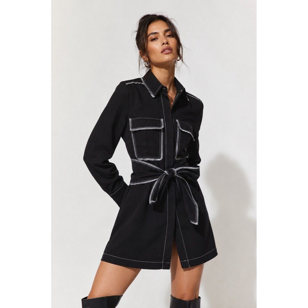 Topshop Top Stitch Mini Shirt Dress Black Contrast Stitch Tie Waist US 6 UK 10